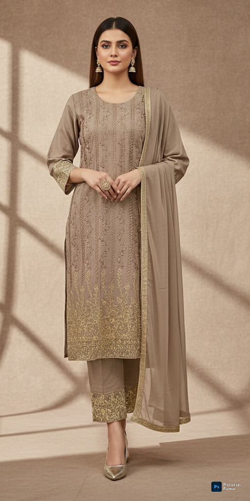 LS-2129 Pakistani Linen Embroidered 3-Piece Suit | Ready-to-Wear | Elegant Mocha