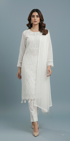 LS-2930 Ready to Wear | Ethereal White Embroidered Organza Linen | Iconic Design | 3-PC Suit