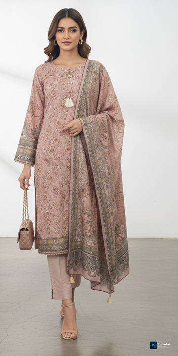 LS-2933 Antique Rose | 3-Piece Ready-to-Wear | Winter Dhanak Suit | Digital Print & Shawl