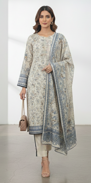 LS-2935 Porcelain Ivory | 3-Piece Ready-to-Wear | Winter Dhanak Suit | Digital Print & Shawl