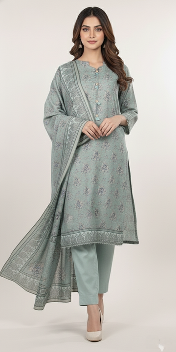 LS-2936. Frosty Green | 3-Piece Ready-to-Wear |Winter Dhanak Suit | Digital Print & Shawl