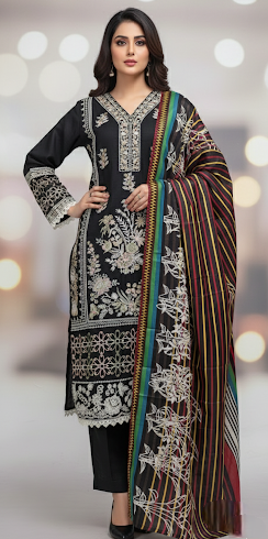 LS-2943 Ready to Wear | Winter Linen Suit | Embroidered Dress with Retro Printed Shawl