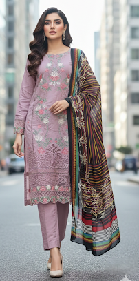 LS-2946 Ready to Wear | Winter Premium Dhanak Suit | Embroidered Dress with Retro Striped Shawl