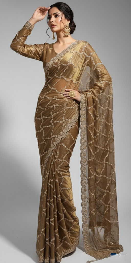 FBSR-LUX-03 Gilded Bronze Luxury Chiffon Saree | Hand-Embroidered |  Beads & Sequin