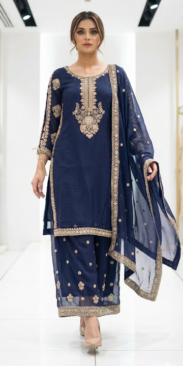 LS-2971 Opulent | Ready to Wear Pakistani Chiffon Straight Kameez & Plazoo Set | Gold Zari & Stone Hand Embroidery