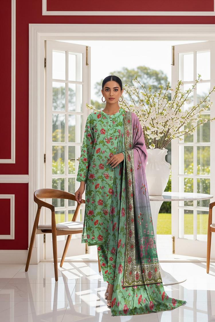 LS-2942 Seafoam Mist  | 3-Piece Ready-to-Wear |Winter Khaddar Suit | Digital Print & Shawl