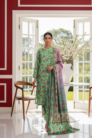 LS-2942 Seafoam Mist  | 3-Piece Ready-to-Wear |Winter Khaddar Suit | Digital Print & Shawl