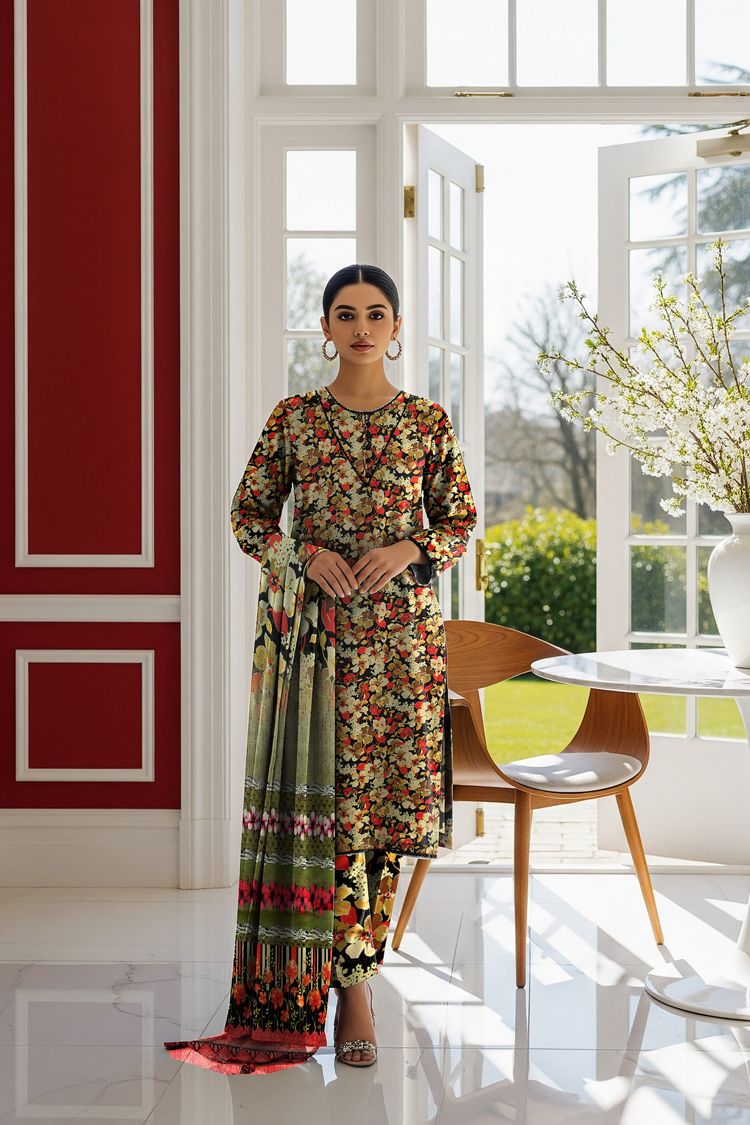 LS-2952 Pearl Black | 3-Piece Ready-to-Wear |Winter Khaddar Suit | Digital Print & Shawl