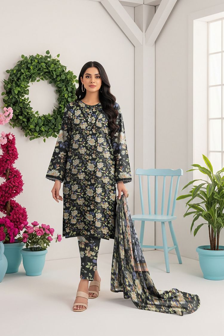 LS-2953 Soild Black | 3-Piece Ready-to-Wear |Winter Khaddar Suit | Digital Print & Shawl
