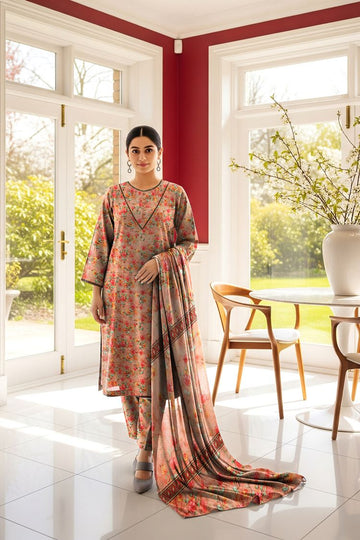 LS-2954 Salmon Pink  | 3-Piece Ready-to-Wear |Winter Khaddar Suit | Digital Print & Shawl