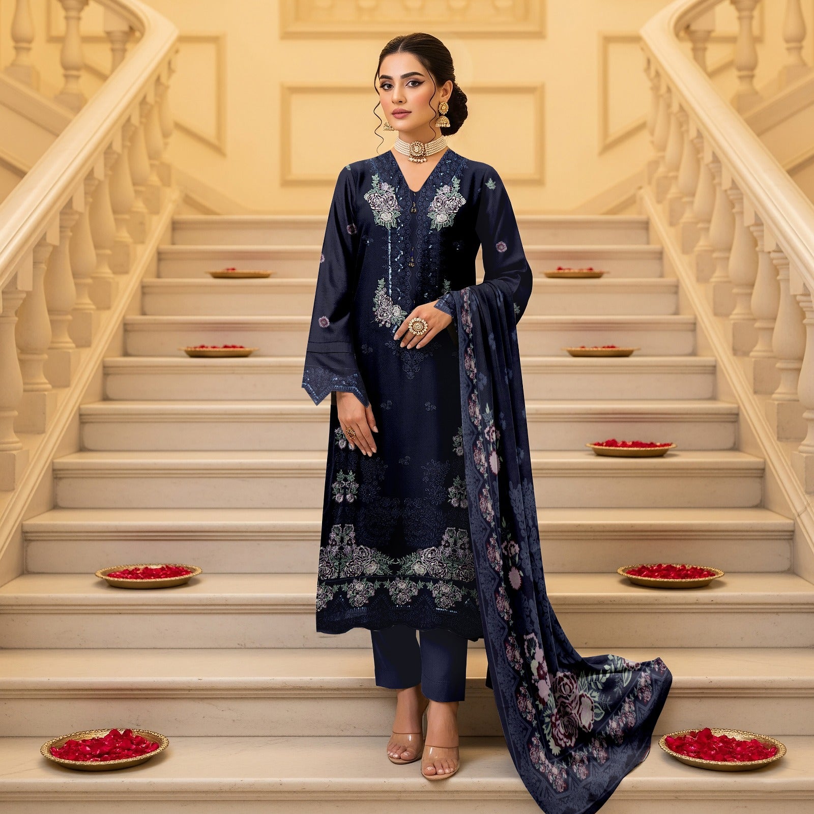 LS-2958 Premium Ready-to-Wear 3 Piece Dhanak Suit |Sequins & Resham Embroidery|Trouser & Matching Shawl