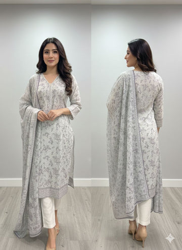LS-2968 Dove Grey | 3-Piece Ready-to-Wear |Winter Dhanak Suit | Digital Print & Shawl