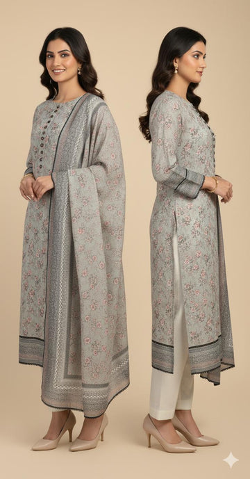 LS-2970 Dusty Green | 3-Piece Ready-to-Wear |Winter Dhanak Suit | Digital Print & Shawl