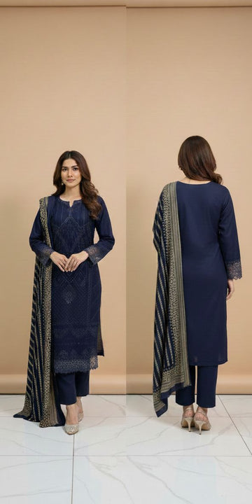 LS-2972 Midnight Navy| Premium Ready-to-Wear 3 Piece Dhanak Suit |Sequins & Thread Embroidery|Trouser & Matching Shawl