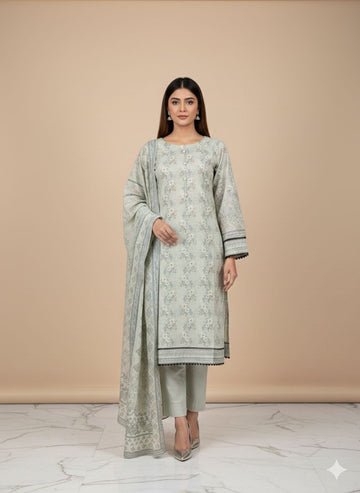 LS-2977 Stone Moss | 3-Piece Ready-to-Wear |Winter Dhanak Suit | Digital Print & Shawl