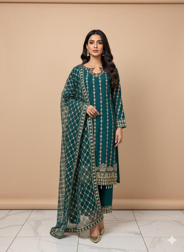 QA-34 Premium Ready-to-Wear 3 Piece Chiffon Suit |Trousers & Matching Dupatta