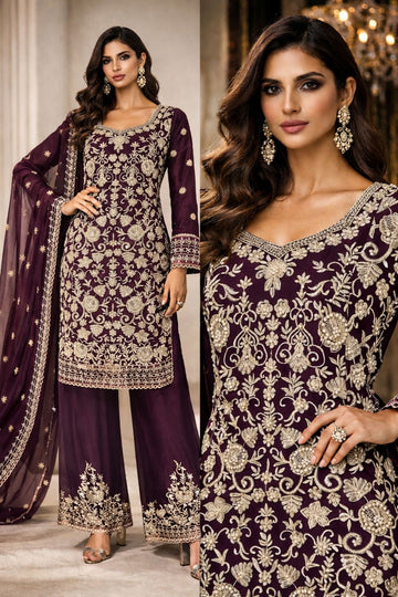LS-2980 Ready to Wear Pakistani Chiffon Straight Kameez & Plazoo Set | Thread & Sequines Hand Embroidery