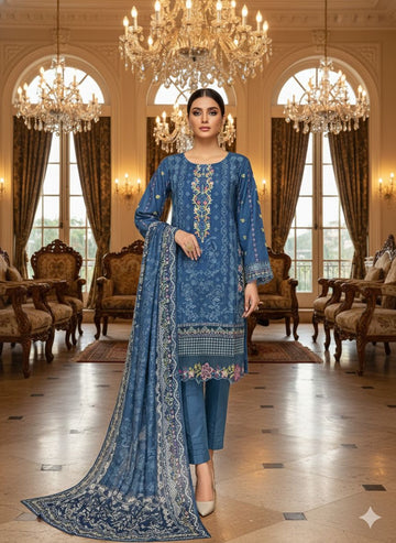 LS-2982 Premium Ready-to-Wear 3 Piece Dhanak Suit |Sequins & Resham Embroidery|Trouser & Matching Shawl
