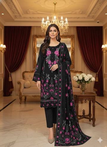 LS-2983 Premium Ready-to-Wear 3 Piece Dhanak Suit |Sequins & Resham Embroidery|Trouser & Matching Shawl