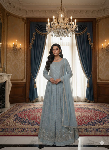 FBRS-822.                       Exquisite Light Blue Georgette Dress with Sequins & Pleats.