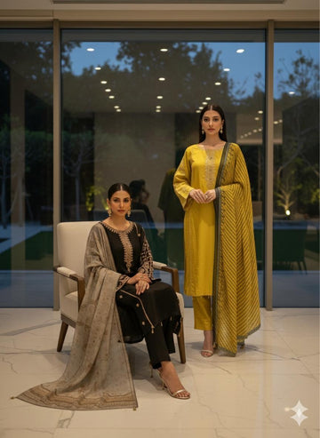 LS-2990 Ready to Wear |  Premium Linen Suit | Embroidered Dress with Print Dupatta