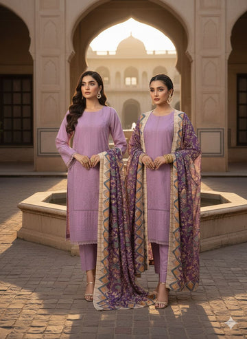 LS-2993 Ready to Wear |  Premium Winter Dhanak Suit | Embroidered Dress with Print Shawl