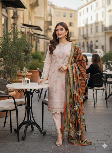 LS-2947 Ready to Wear | Winter Premium Dhanak Suit | Embroidered Dress with Floral Print Shawl
