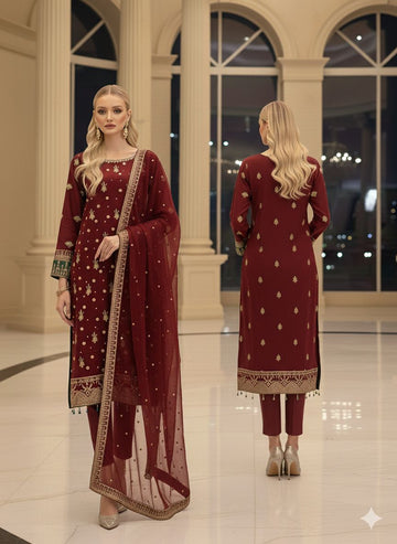 QA-32 Premium Ready-to-Wear 3 Piece Chiffon Suit |Trousers & Matching Dupatta