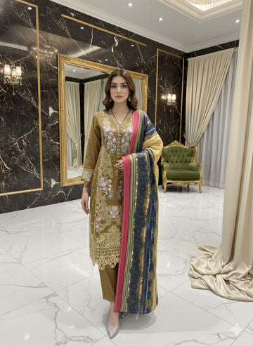 LS-2945 Ready to Wear | Premium Winter Premium Dhanak Suit | Embroidered Dress with Abstract Print Shawl