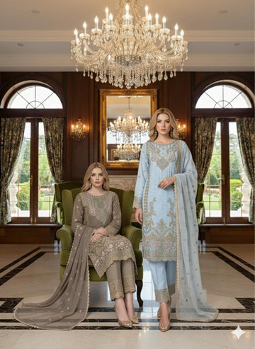 LS-3009 Premium Ready-to-Wear 3 Piece Chiffon Suit |Zari & Stone Embroidery|Trousers & Matching Dupatta
