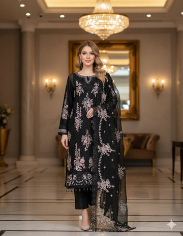 LS-3011 Premium Ready-to-Wear 3 Piece Chiffon Suit |Thread & Sequins Embroidery |Trousers & Matching Dupatta