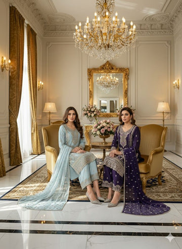 LS-3002 Premium Ready-to-Wear 3 Piece Chiffon Suit |Zari & Stone Embroidery|Plazoo & Matching Dupatta