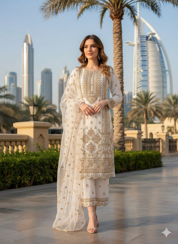 LS-3012 Premium Ready-to-Wear 3 Piece Chiffon Suit |Zari & Stone Embroidery|Plazoo & Matching Dupatta
