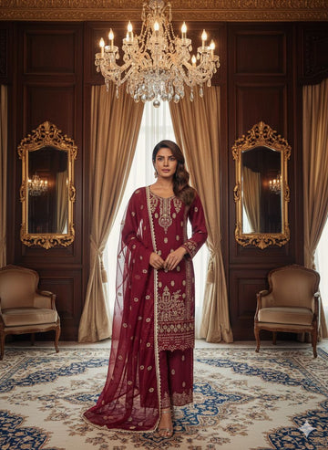 LS-3013 Premium Ready-to-Wear 3 Piece Chiffon Suit |Zari & Stone Embroidery|Plazoo & Matching Dupatta