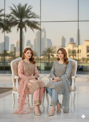 LS-3014 Premium Ready-to-Wear 3 Piece Chiffon Suit |Zari & Stone Embroidery|Trousers & Matching Dupatta