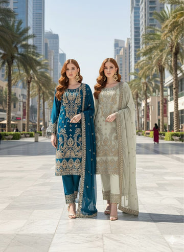 LS-3004 Premium Ready-to-Wear 3 Piece Chiffon Suit |Zari & Stone Embroidery|Trousers & Matching Dupatta