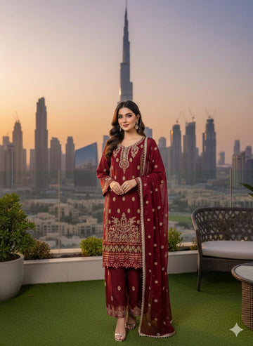 LS-3013 Premium Ready-to-Wear 3 Piece Chiffon Suit |Zari & Stone Embroidery|Plazoo & Matching Dupatta