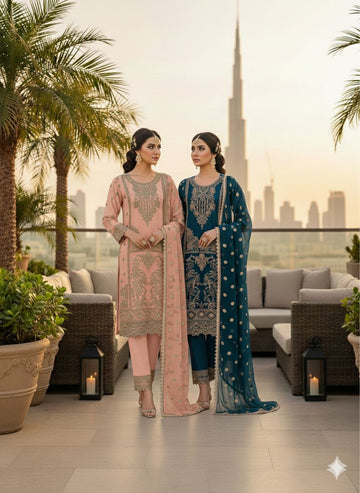 LS-3016 Premium Ready-to-Wear 3 Piece Chiffon Suit |Zari & Stone Embroidery|Trousers & Matching Dupatta