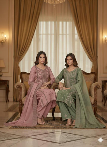 LS-3017  Ready to Wear |  Premium Linen Palzoo Suit | Embroidered Dress with Matching Dupatta
