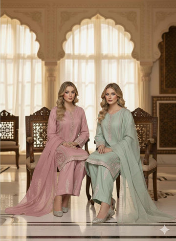 LS-3019 Ready to Wear |  Premium Linen Palzoo Suit | Embroidered Dress with Matching Dupatta