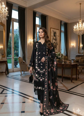 LS-3025 Premium Ready-to-Wear 3 Piece Dhanak Suit |Sequins & Resham Embroidery|Trouser & Matching Printed Shawl