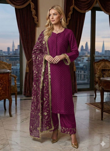 LS-3026  Premium Ready-to-Wear 3 Piece Fandy Shimmer Chiffon Suit |Trousers & Matching Dupatta