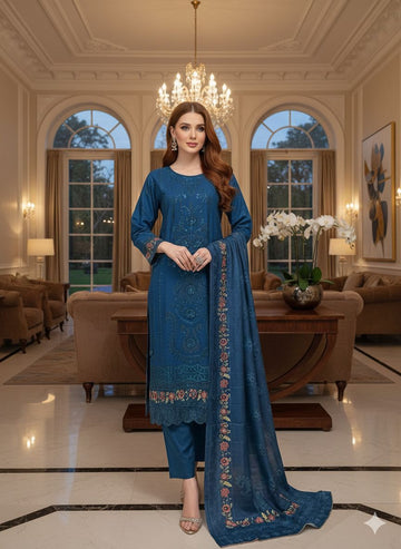 LS-3027 Premium Ready-to-Wear 3 Piece Dhanak Suit |Sequins & Resham Embroidery|Trouser & Matching Printed Shawl