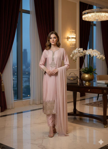LS-3029  Premium Ready-to-Wear 3 Piece Viscose Suit |Sequins & Zari Embroidery|Trouser & Matching Dupatta