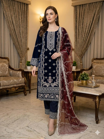 LS-3032 Premium Ready-to-Wear 3 Piece Chiffon Suit |Zari & Stone Embroidery|Trousers & Matching Dupatta