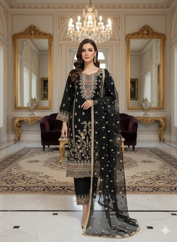 LS-3036 Premium Ready-to-Wear 3 Piece Chiffon Suit |Zari & Stone Embroidery|Trousers & Matching Dupatta
