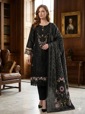 LS-3037  Premium Ready-to-Wear 3 Piece Dhanak Suit |Sequins & Resham Embroidery|Trouser & Matching Printed Shawl