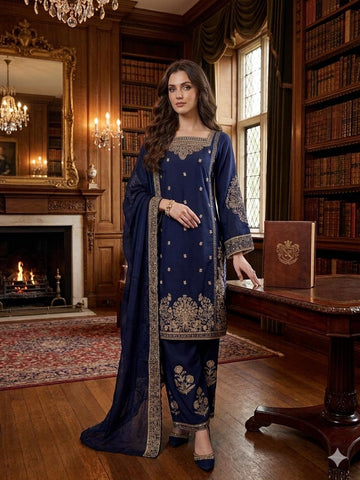 ls-3039  Ready to Wear |  Premium Linen Palzoo Suit | Embroidered Dress with Matching Dupatta