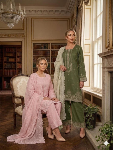 LS-3040  Ready to Wear |  Premium Linen Palzoo Suit | Embroidered Dress with Matching Dupatta