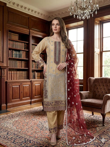 LS-3041 Premium Ready-to-Wear 3 Piece Chiffon Suit |Zari & Stone Embroidery|Trousers & Matching Dupatta